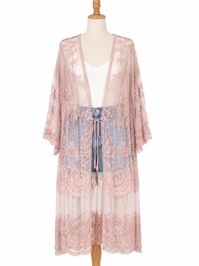 POL 100% Cotton Sheer Lace Embroidered Duster Kimono – Blush Pink